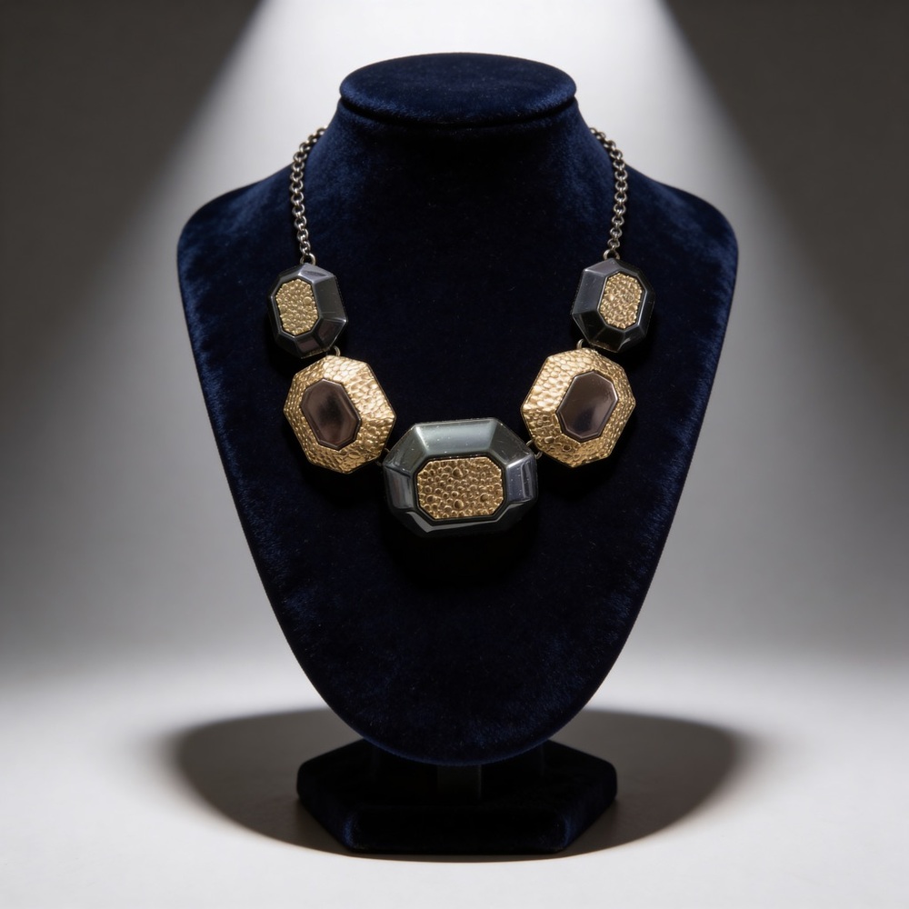 Black Octagon & Hammered Silver Necklace | Geometric Statement - Picture 4 of 8